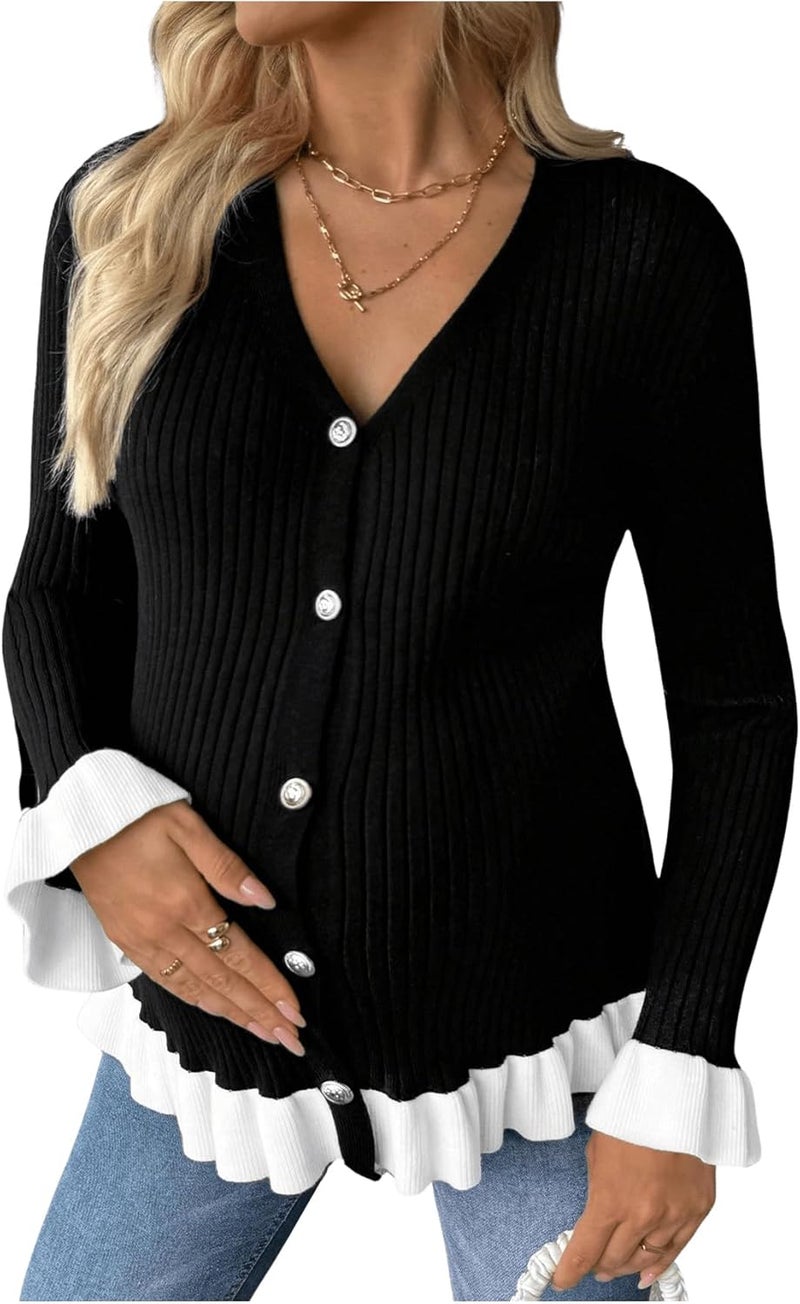 MakeMeChic Women's Maternity Sweater Color Block Bell Sleeve Button Down Ruffle Pregnancy Cardigan - Image 1
